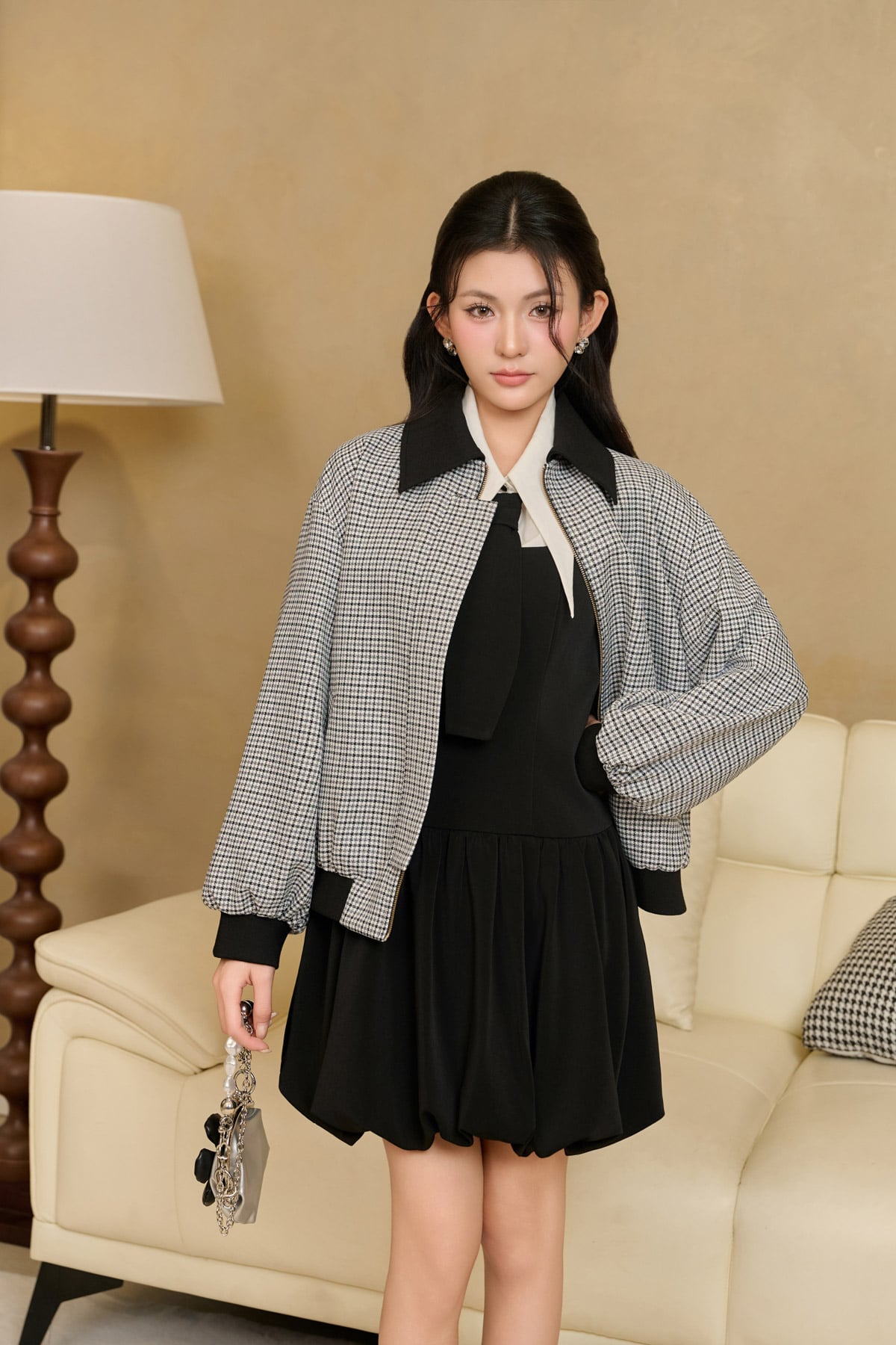 FKM9715 - Áo khoác kiểu vải thô dày dáng suông cổ bẻ tay rộng thân áo phối khóa kim loại - JAN.