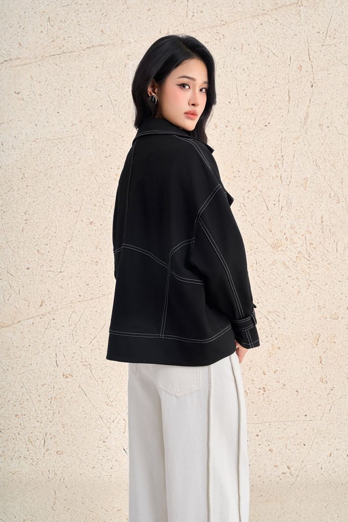 FKM9716 - Áo khoác kiểu dạo phố dáng ngắn cổ hai ve ống tay rộng thân áo có túi phối hoạ tiết đường chỉ thời trang - PANTIO