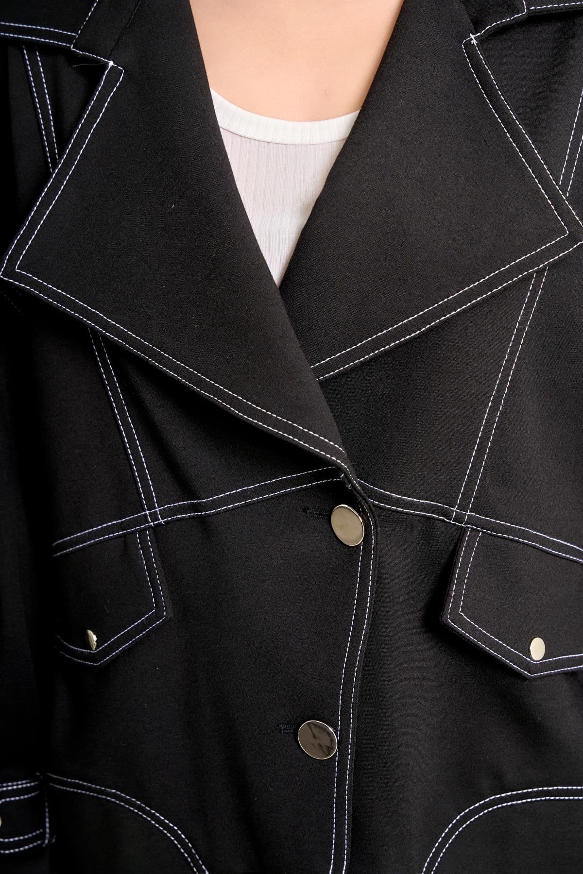 FKM9716 - Áo khoác kiểu dạo phố dáng ngắn cổ hai ve ống tay rộng thân áo có túi phối hoạ tiết đường chỉ thời trang - PANTIO