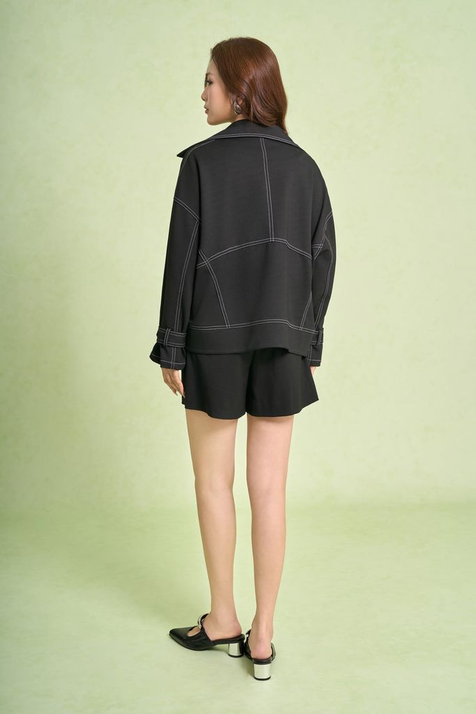 FKM9716 - Áo khoác kiểu dạo phố dáng ngắn cổ hai ve ống tay rộng thân áo có túi phối hoạ tiết đường chỉ thời trang - PANTIO