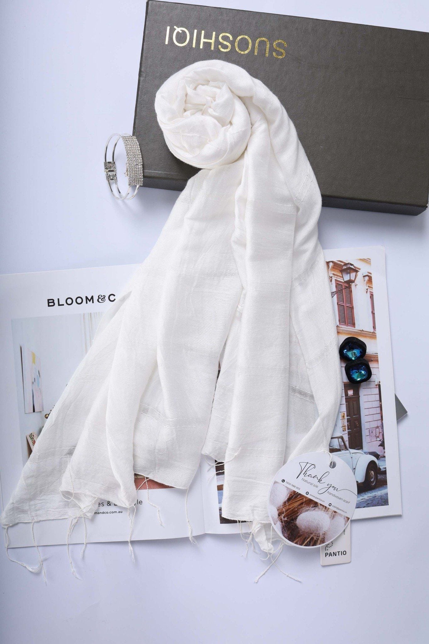 FKO130 - Khăn thời trang cao cấp chất liệu lanh tơ trơn màu có tua rua trang trí - PANTIO