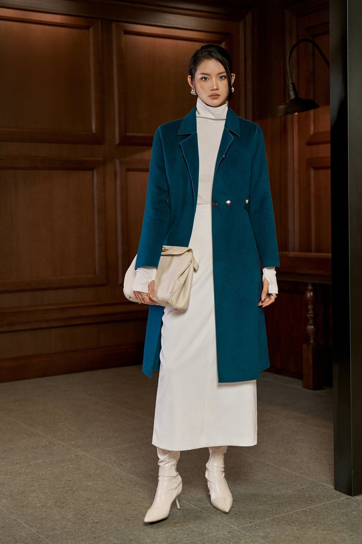 FMO291 - Áo mangto dạ lông cừu cao cấp dáng suông cổ hai ve kèm đai da tạo kiểu - PANTIO