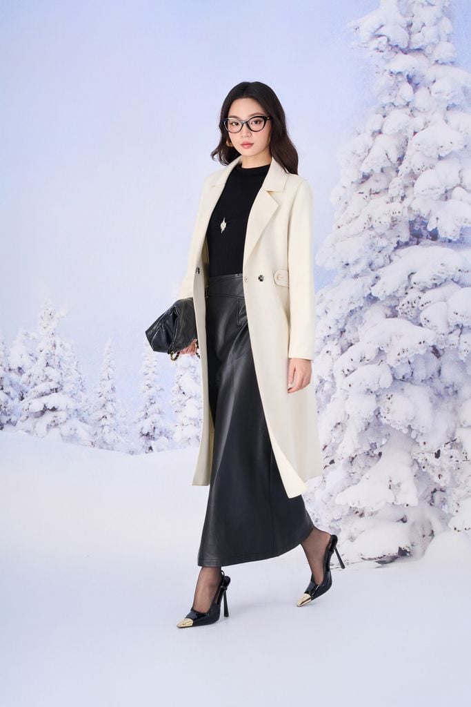 FMO291 - Áo mangto dạ lông cừu cao cấp dáng suông cổ hai ve kèm đai da tạo kiểu - PANTIO