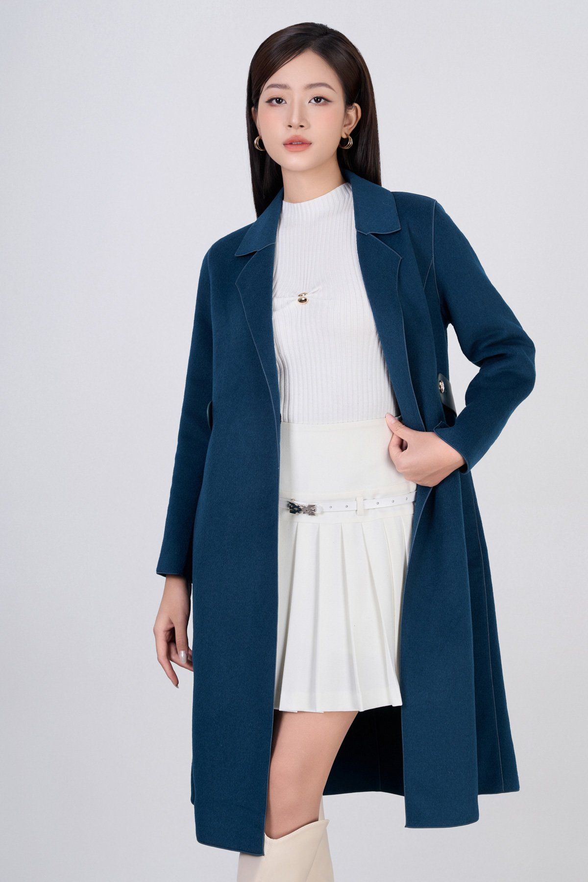 FMO291 - Áo mangto dạ lông cừu cao cấp dáng suông cổ hai ve kèm đai da tạo kiểu - PANTIO