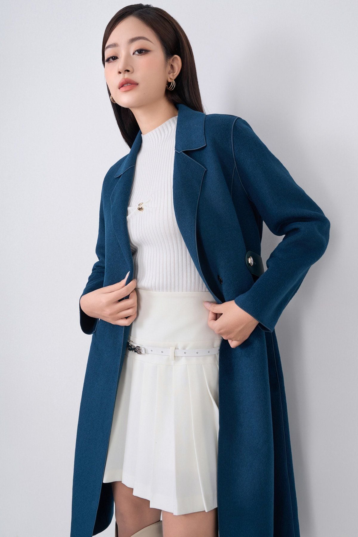 FMO291 - Áo mangto dạ lông cừu cao cấp dáng suông cổ hai ve kèm đai da tạo kiểu - PANTIO