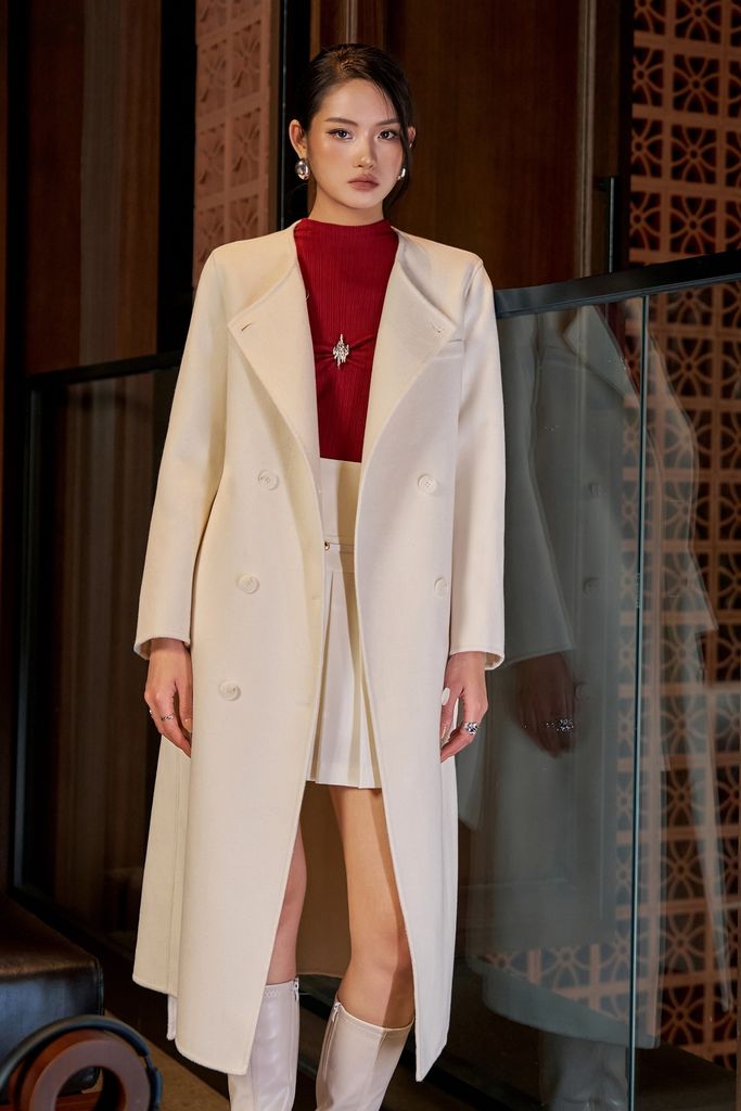 FMO320 - Áo mangto dạ lông cừu cao cấp dáng suông dài cổ áo phối khăn thân áo đính khuy tạo kiểu - PANTIO