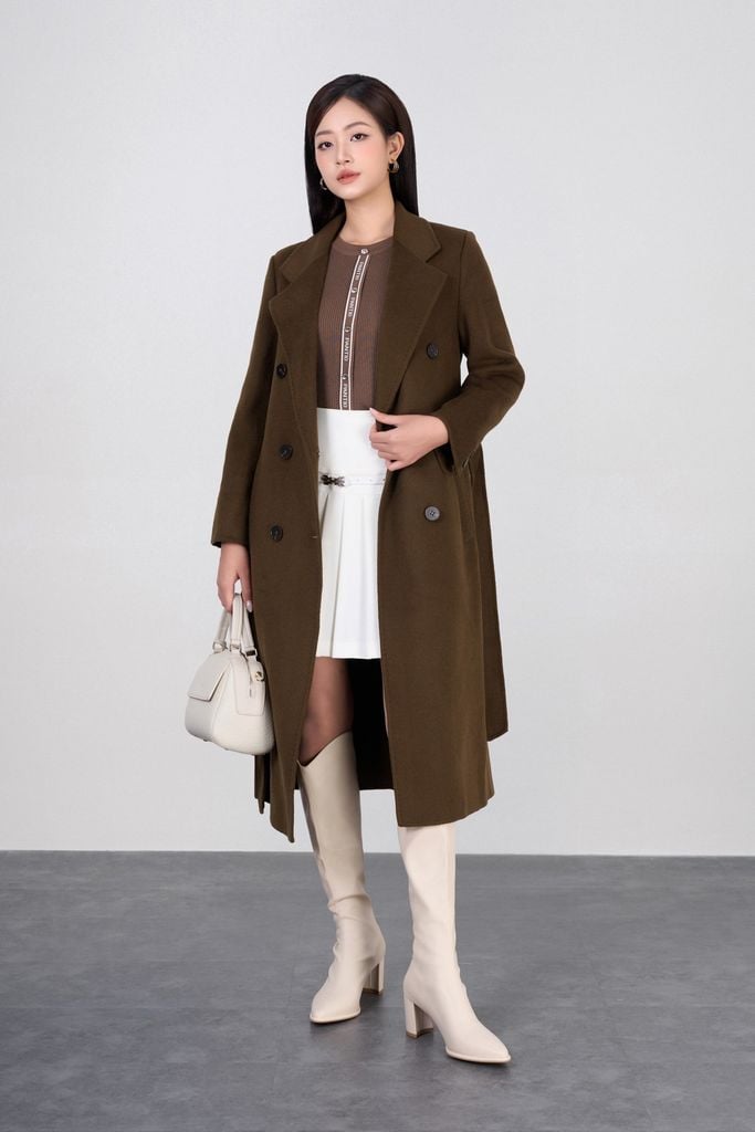 FMO323 - Áo mangto dạ lông cừu cao cấp dáng suông dài cổ hai ve phối khuy tạo kiểu có kèm dây đai - PANTIO