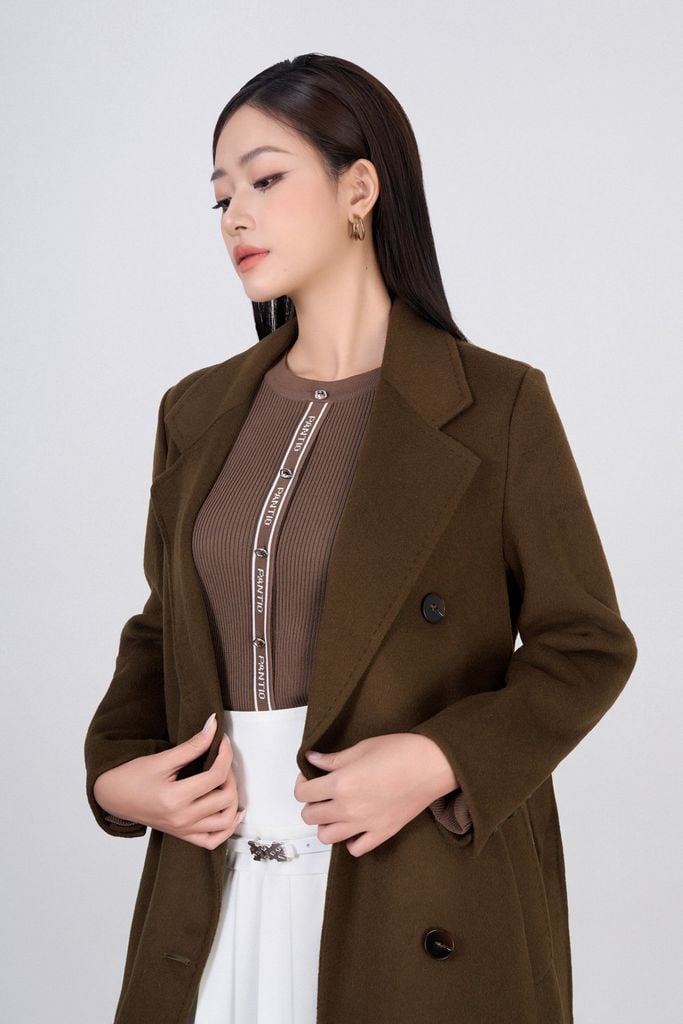 FMO323 - Áo mangto dạ lông cừu cao cấp dáng suông dài cổ hai ve phối khuy tạo kiểu có kèm dây đai - PANTIO