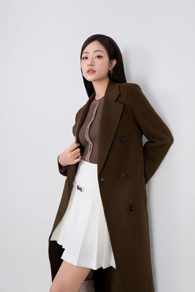 FMO323 - Áo mangto dạ lông cừu cao cấp dáng suông dài cổ hai ve phối khuy tạo kiểu có kèm dây đai - PANTIO