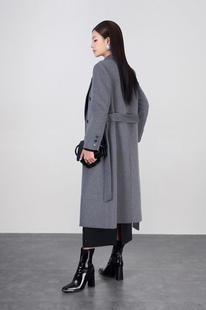 FMO323 - Áo mangto dạ lông cừu cao cấp dáng suông dài cổ hai ve phối khuy tạo kiểu có kèm dây đai - PANTIO