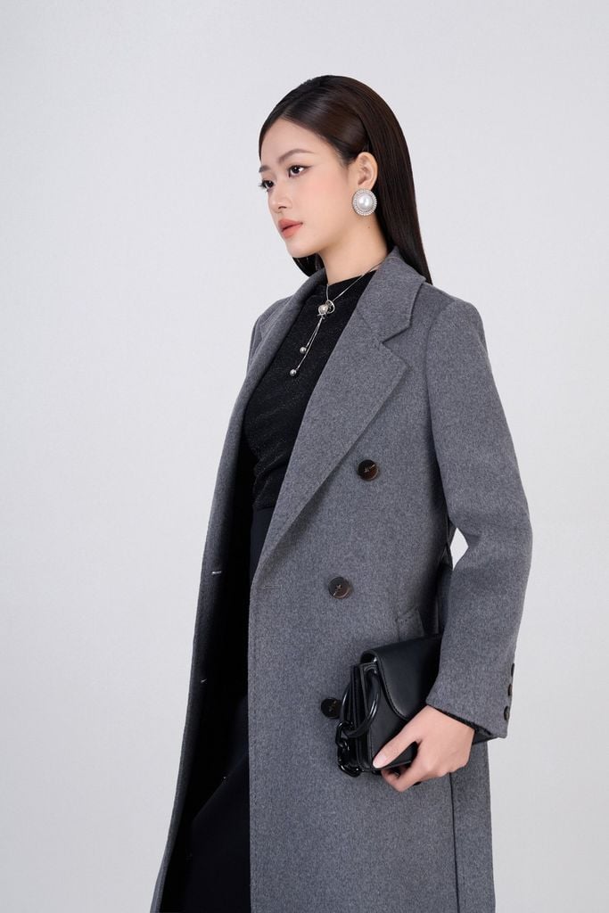 FMO323 - Áo mangto dạ lông cừu cao cấp dáng suông dài cổ hai ve phối khuy tạo kiểu có kèm dây đai - PANTIO