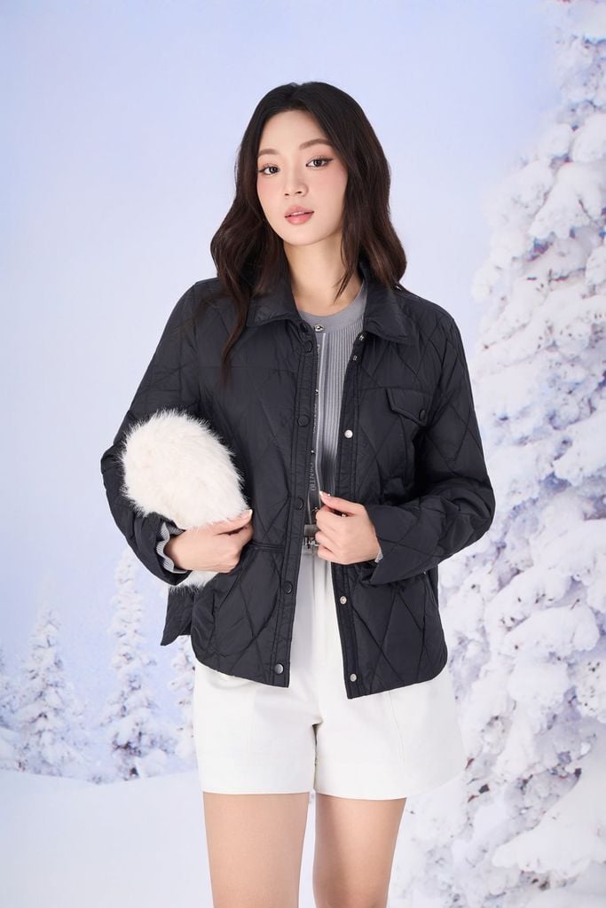 FMV081 - Áo khoác phao lông vũ cao cấp dáng suông cổ bẻ thân áo hoạ tiết quả trám thời trang - PANTIO