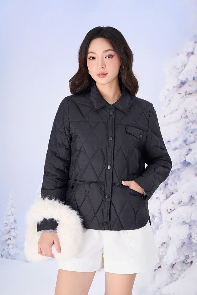 FMV081 - Áo khoác phao lông vũ cao cấp dáng suông cổ bẻ thân áo hoạ tiết quả trám thời trang - PANTIO