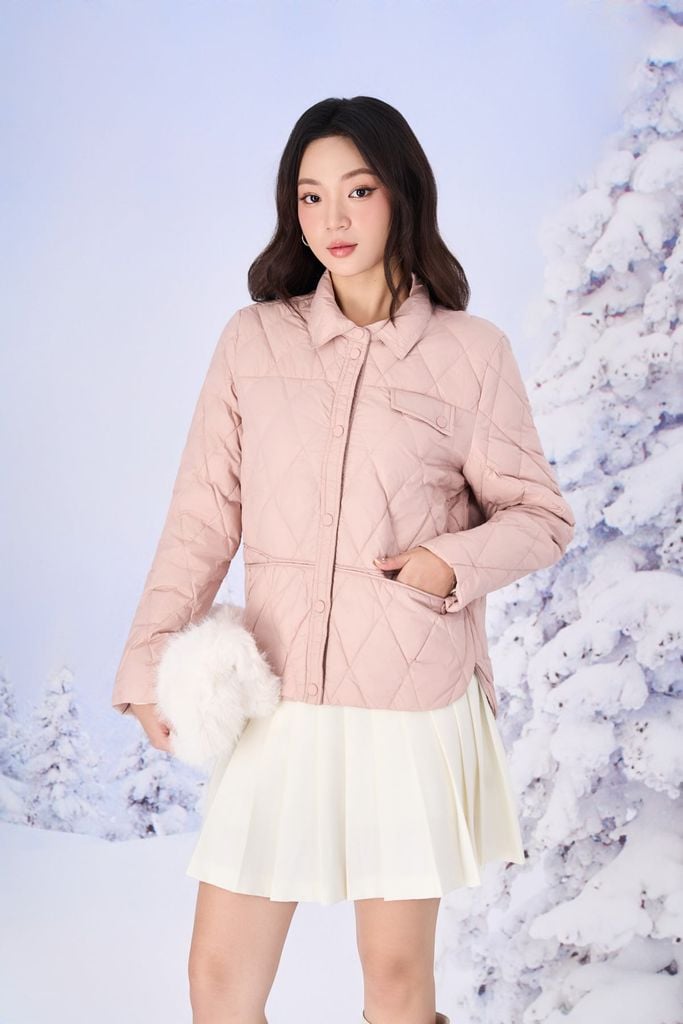 FMV081 - Áo khoác phao lông vũ cao cấp dáng suông cổ bẻ thân áo hoạ tiết quả trám thời trang - PANTIO