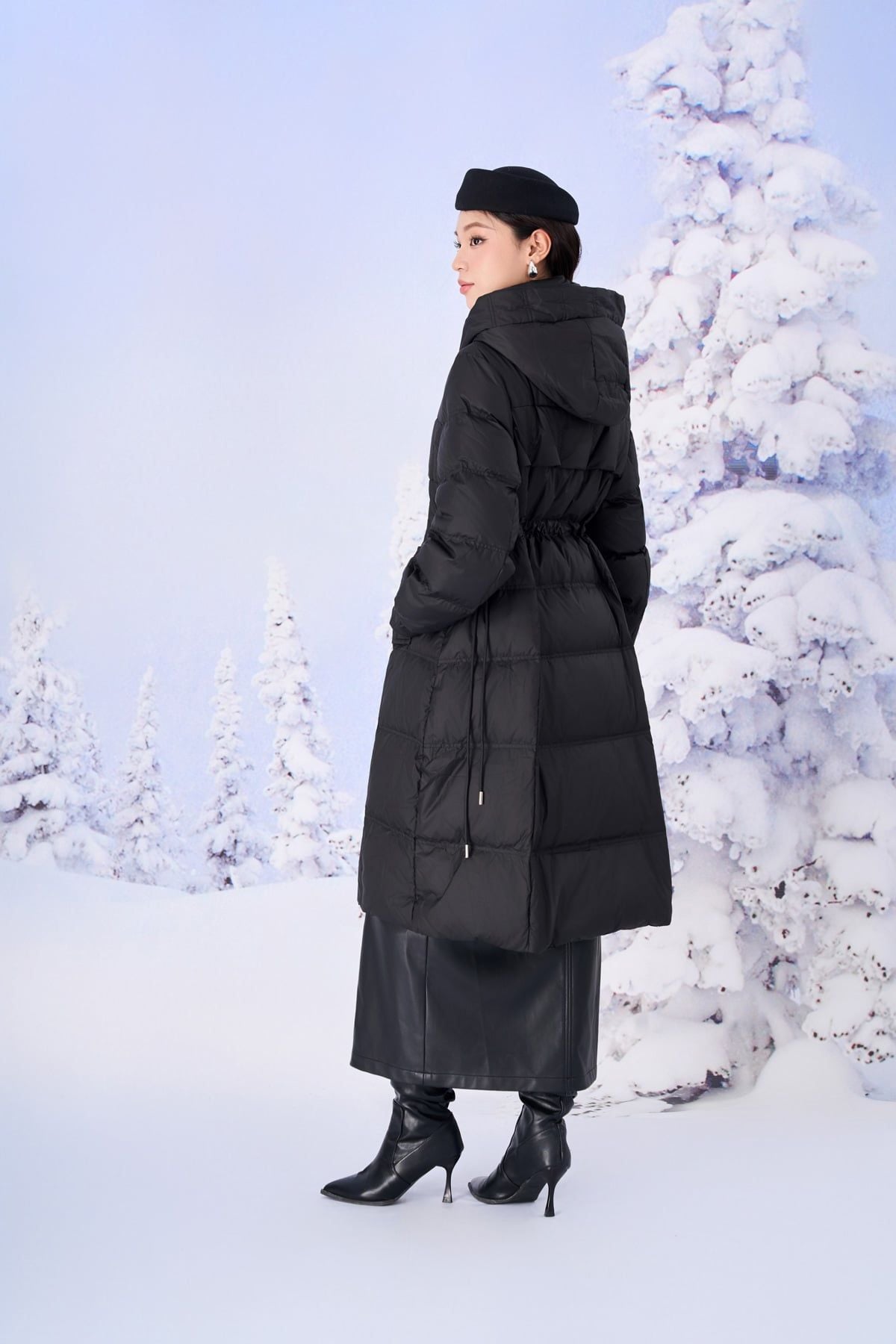 FMV085 - Áo khoác phao lông vũ dáng dài cổ cao có mũ eo phối dây rút thời trang - PANTIO