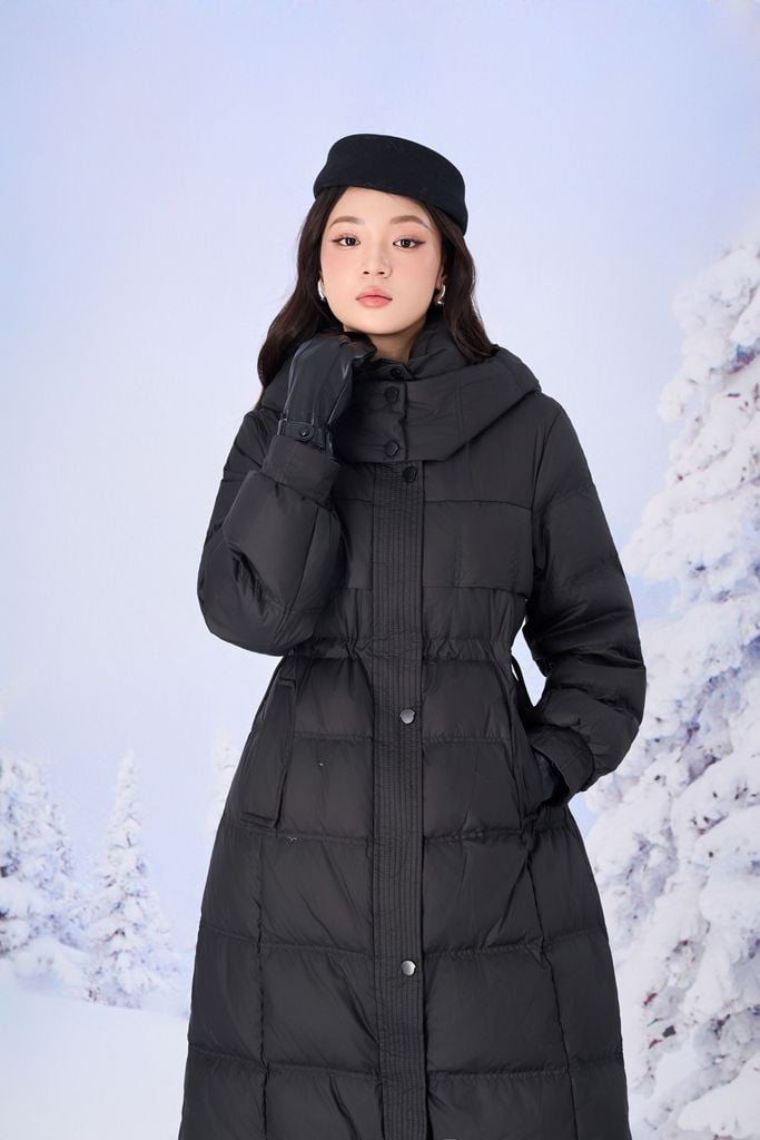 FMV085 - Áo khoác phao lông vũ dáng dài cổ cao có mũ eo phối dây rút thời trang - PANTIO