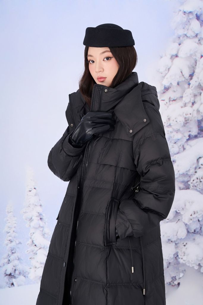 FMV085 - Áo khoác phao lông vũ dáng dài cổ cao có mũ eo phối dây rút thời trang - PANTIO