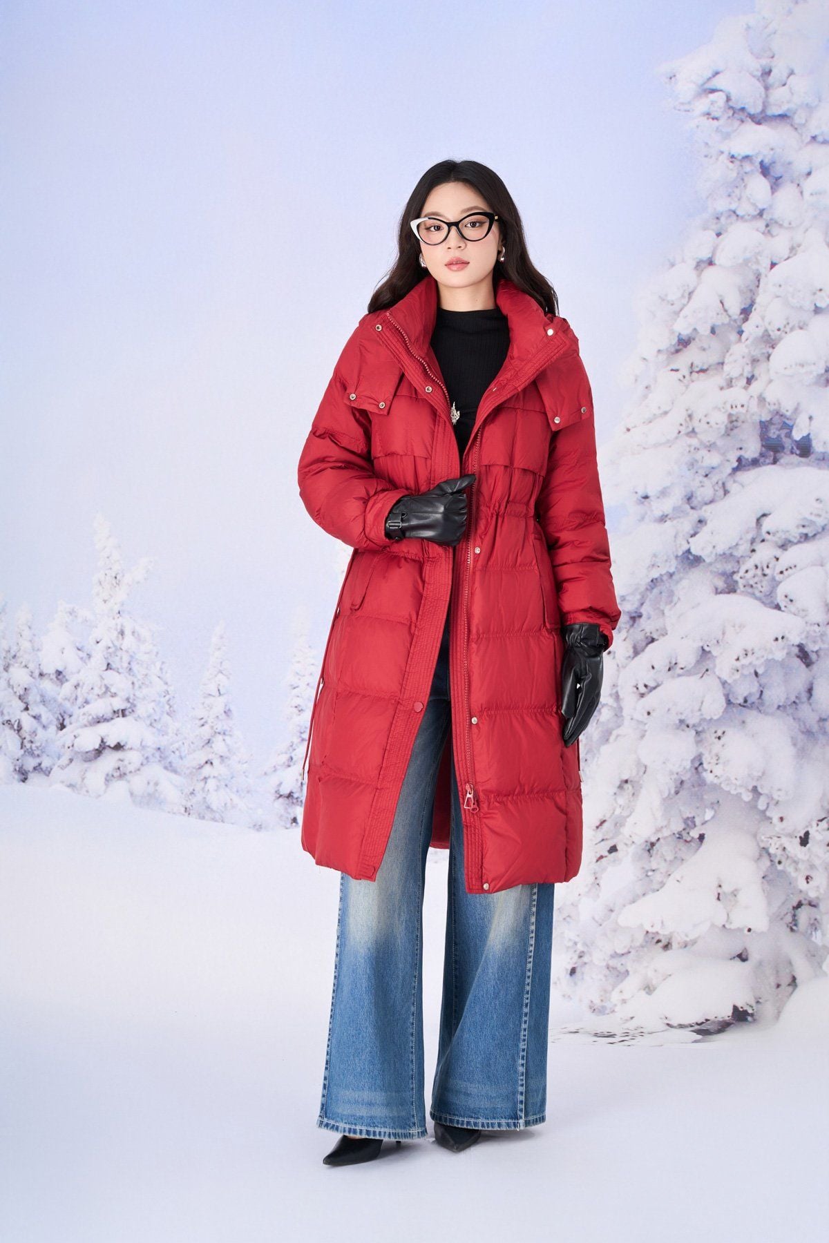 FMV085 - Áo khoác phao lông vũ dáng dài cổ cao có mũ eo phối dây rút thời trang - PANTIO