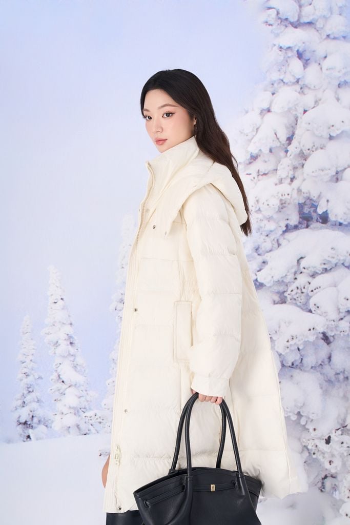 FMV085 - Áo khoác phao lông vũ dáng dài cổ cao có mũ eo phối dây rút thời trang - PANTIO