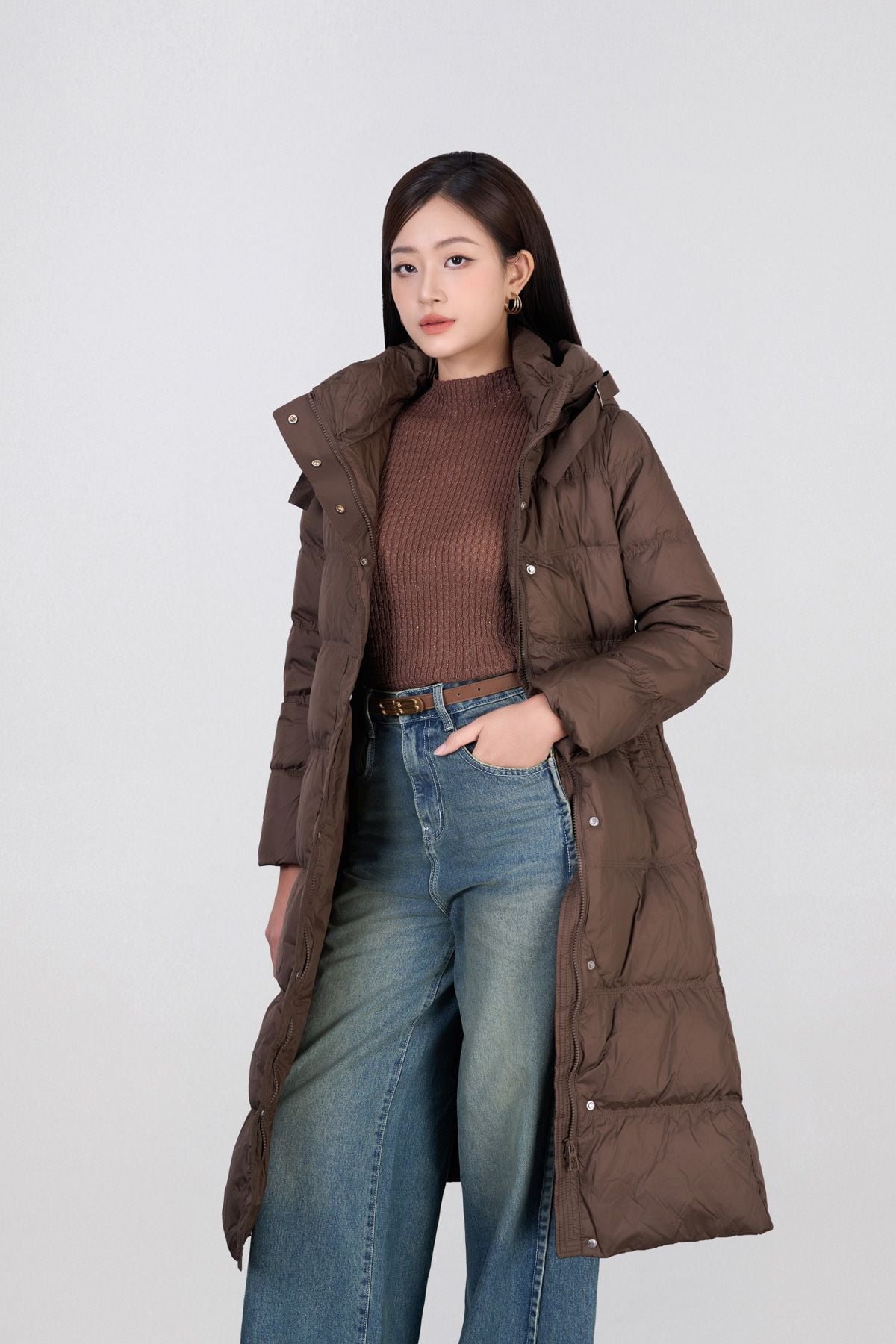 FMV086 - Áo khoác phao lông vũ cao cấp dáng dài ôm nhẹ cổ đứng cao phối mũ thời trang - PANTIO