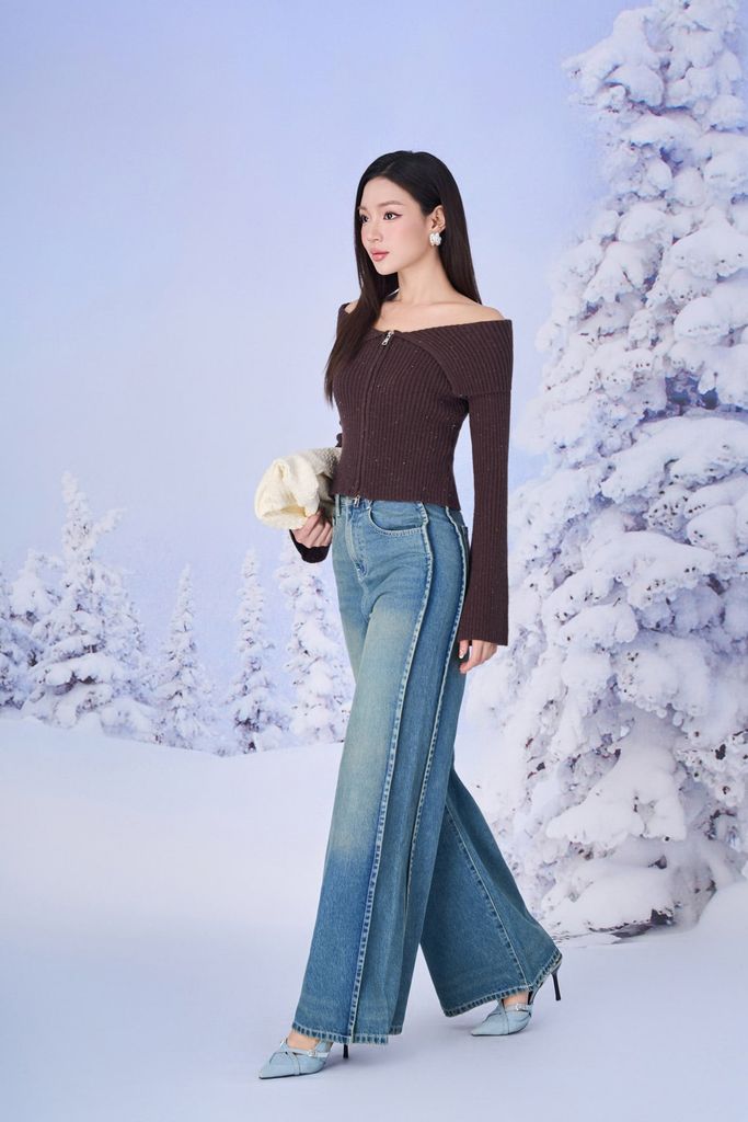 FOL452 - Áo len thời trang cao cấp dáng ôm trễ vai tay loe khoá áo thân trước - PANTIO