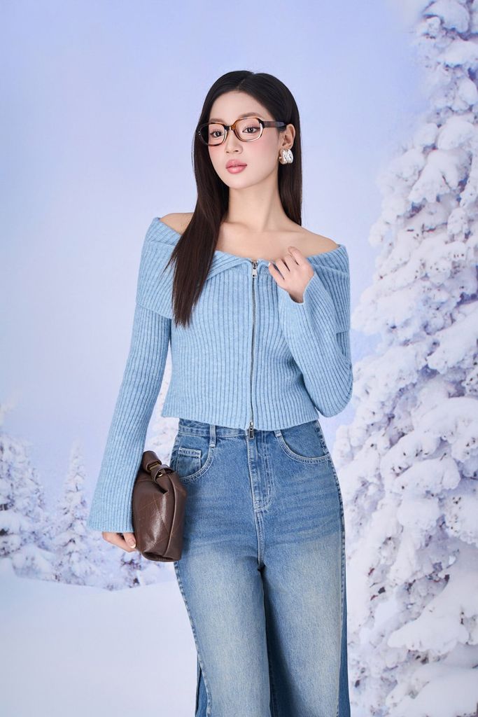 FOL452 - Áo len thời trang cao cấp dáng ôm trễ vai tay loe khoá áo thân trước - PANTIO