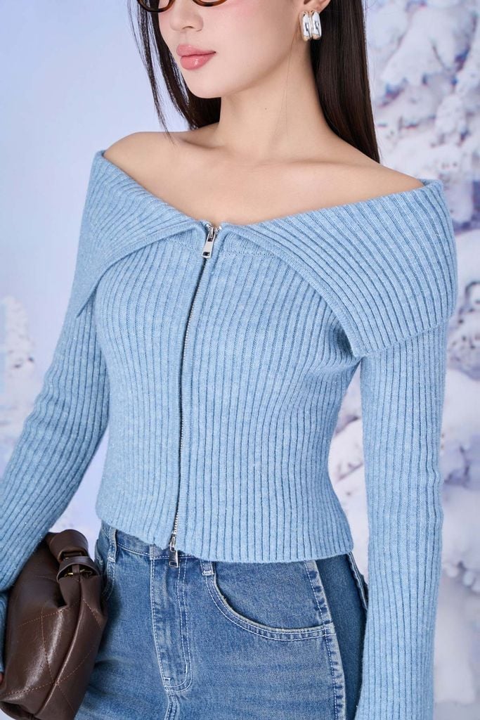 FOL452 - Áo len thời trang cao cấp dáng ôm trễ vai tay loe khoá áo thân trước - PANTIO