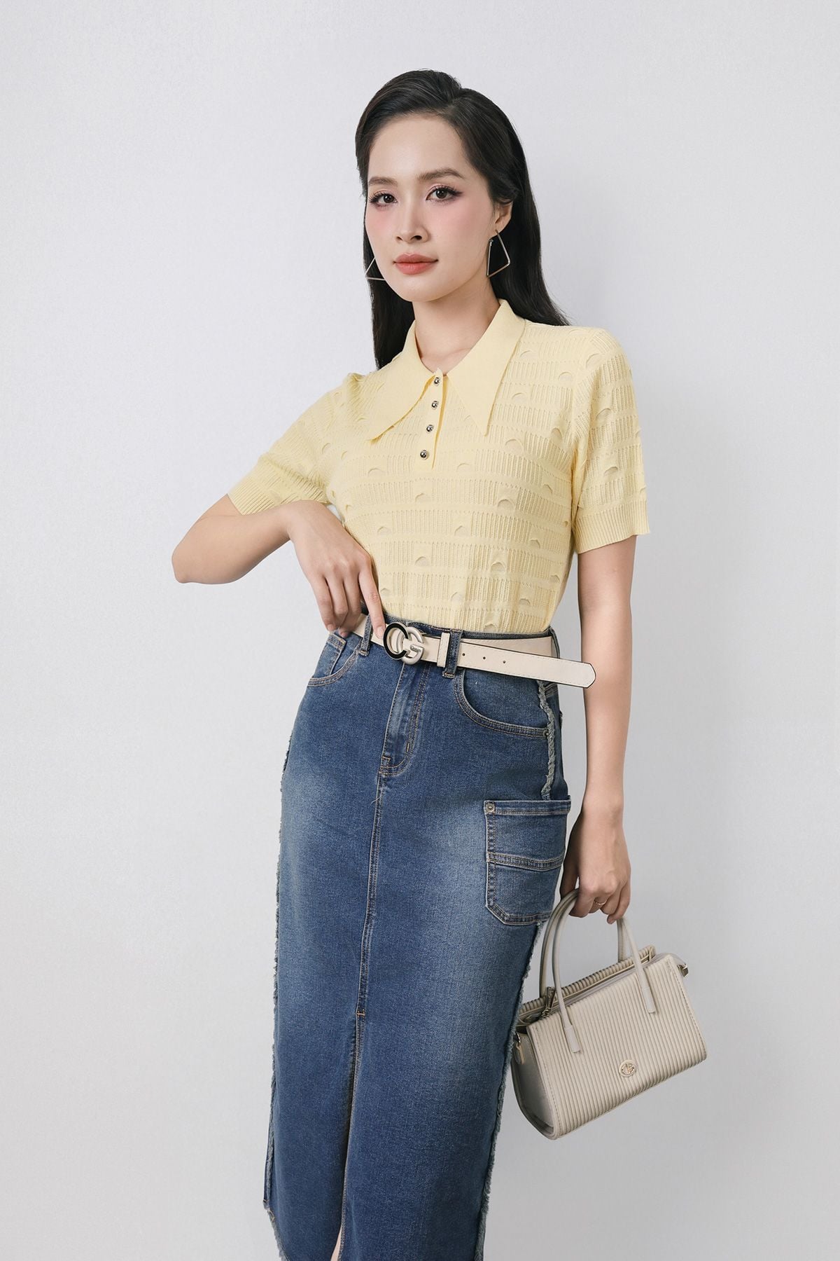 FOL522 - Áo len dệt kim cao cấp dáng suông cổ đức phối khuy tay cộc gấu áo bo chun ôm thời trang - PANTIO