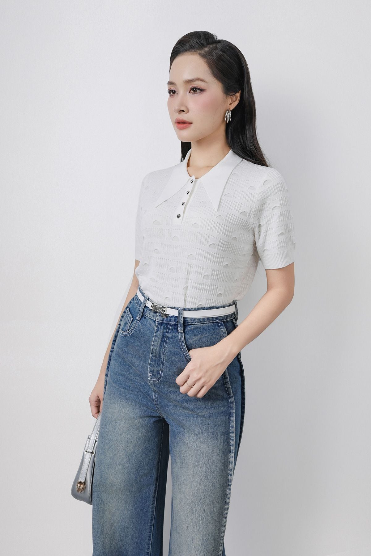 FOL522 - Áo len dệt kim cao cấp dáng suông cổ đức phối khuy tay cộc gấu áo bo chun ôm thời trang - PANTIO