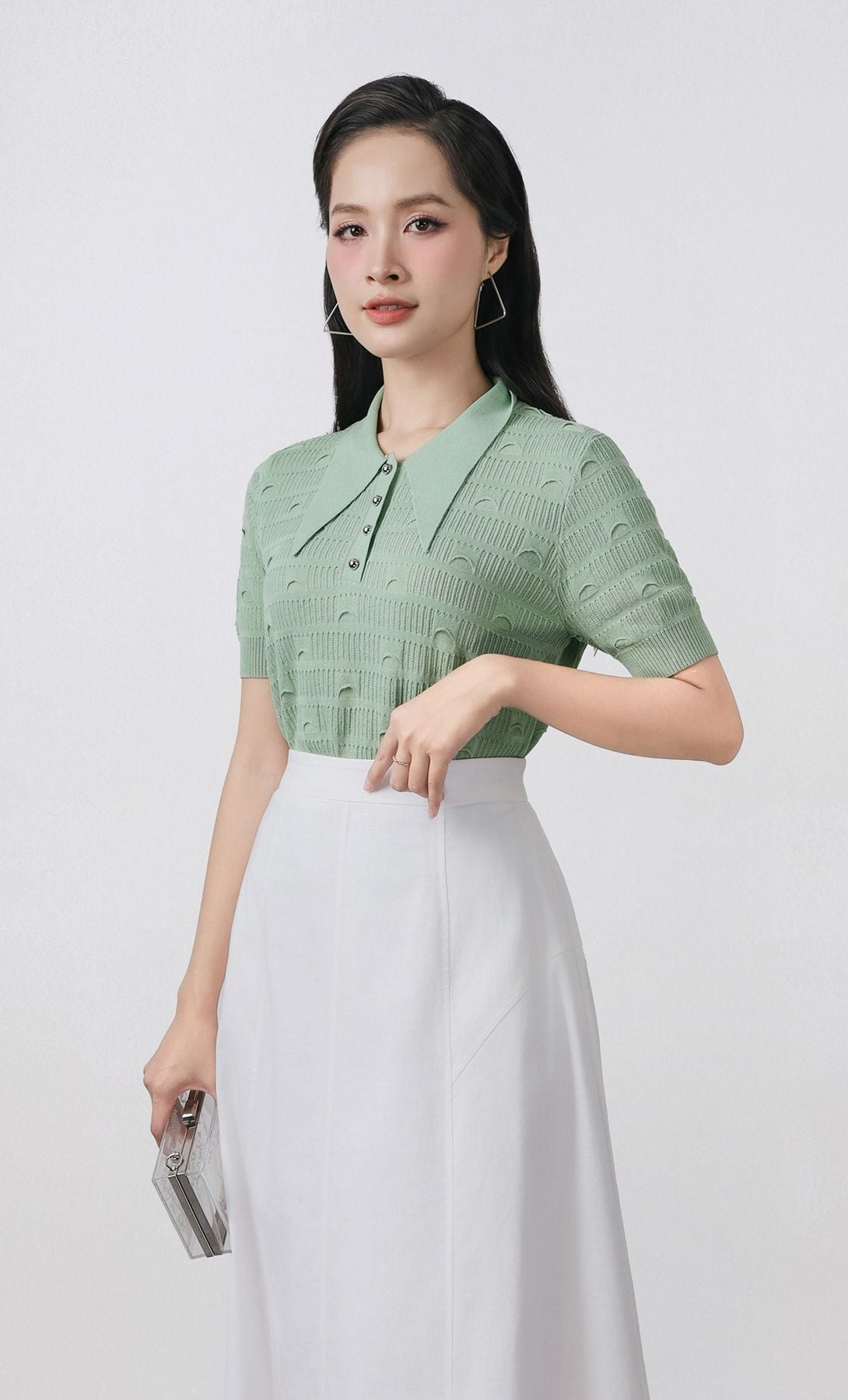 FOL522 - Áo len dệt kim cao cấp dáng suông cổ đức phối khuy tay cộc gấu áo bo chun ôm thời trang - PANTIO