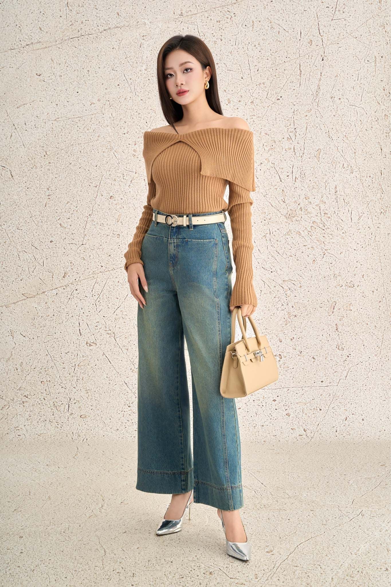 FOL527 - Áo len cao cấp vải len gân dáng ôm trễ vai thời trang - PANTIO