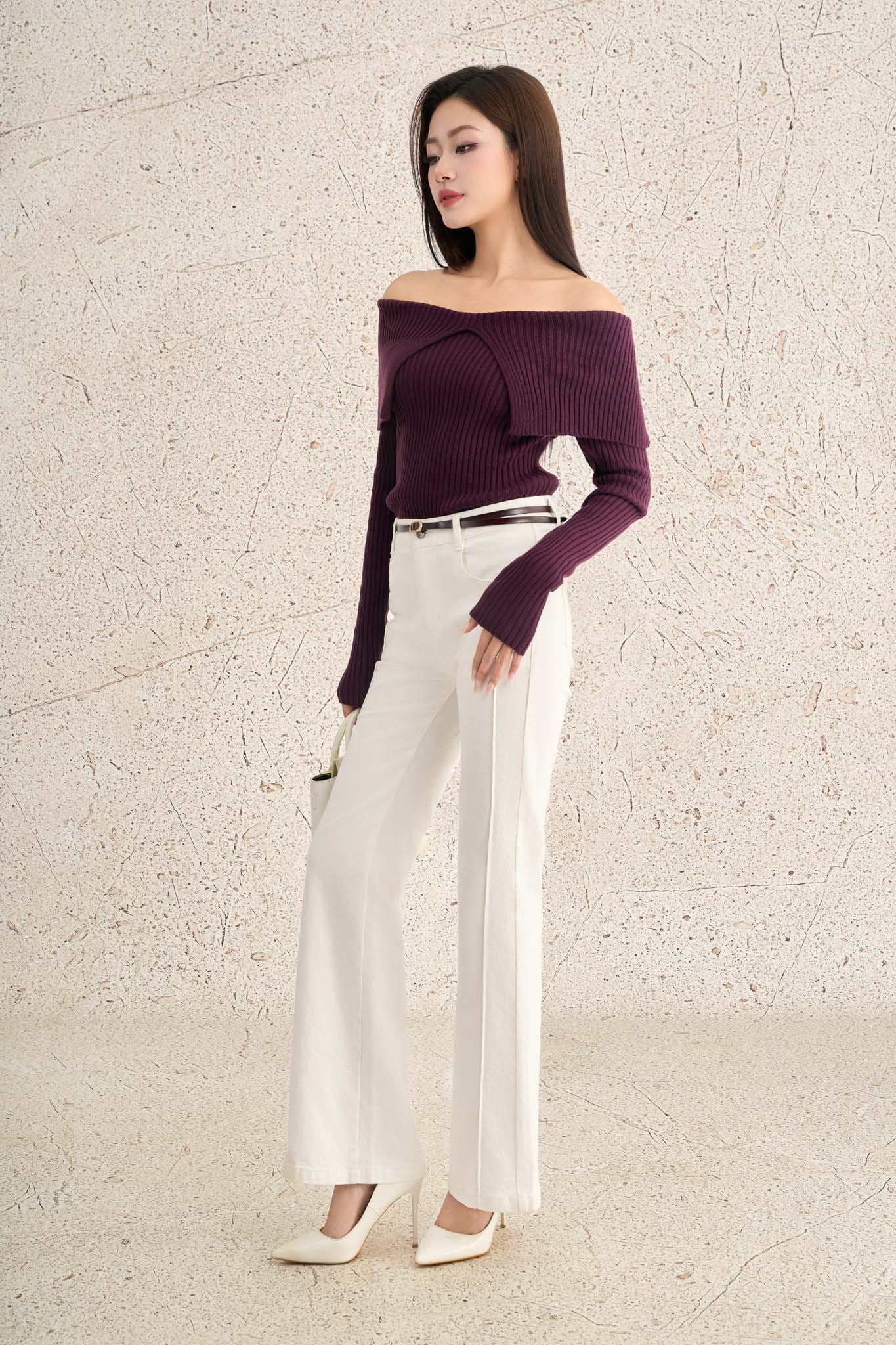 FOL527 - Áo len cao cấp vải len gân dáng ôm trễ vai thời trang - PANTIO