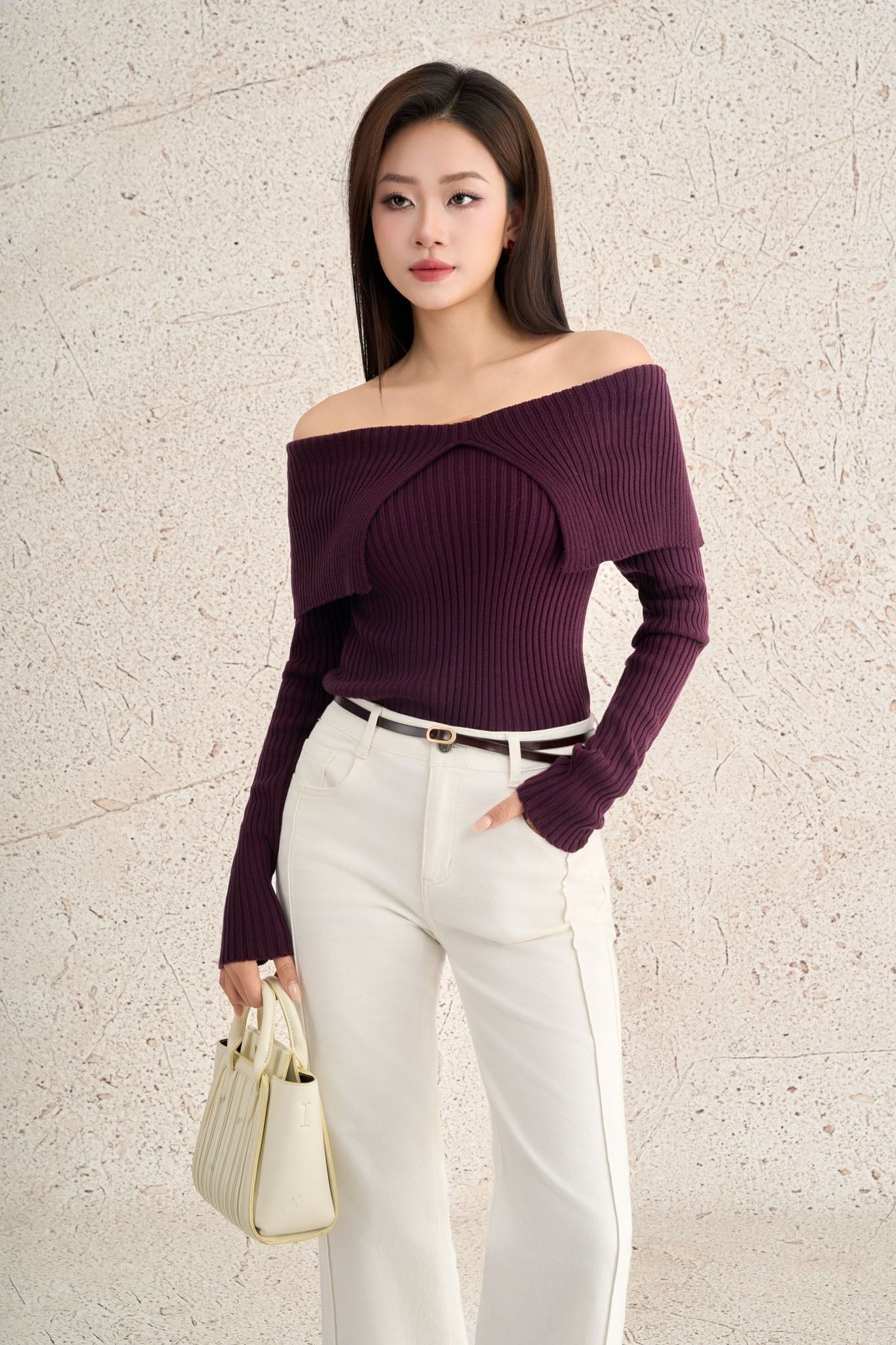 FOL527 - Áo len cao cấp vải len gân dáng ôm trễ vai thời trang - PANTIO