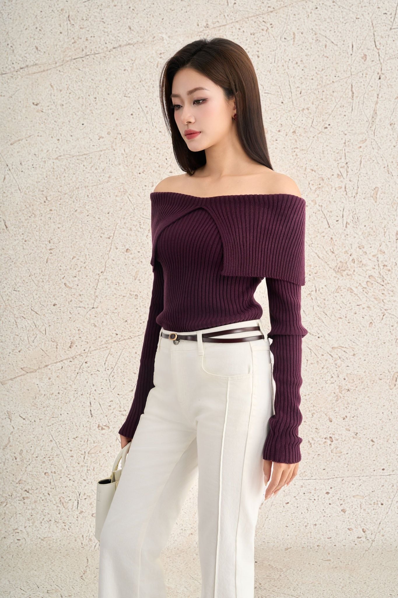 FOL527 - Áo len cao cấp vải len gân dáng ôm trễ vai thời trang - PANTIO