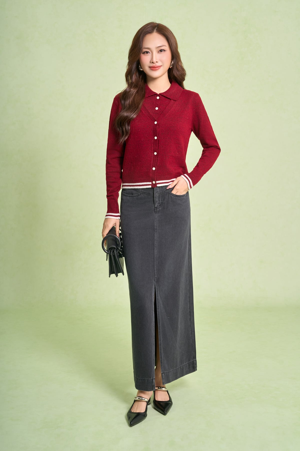 FOL532 - Áo len cao cấp dáng ôm cổ xẻ V tay dài gấu áo phối hoạ tiết đường kẻ tạo kiểu cài khuy thân trước - PANTIO