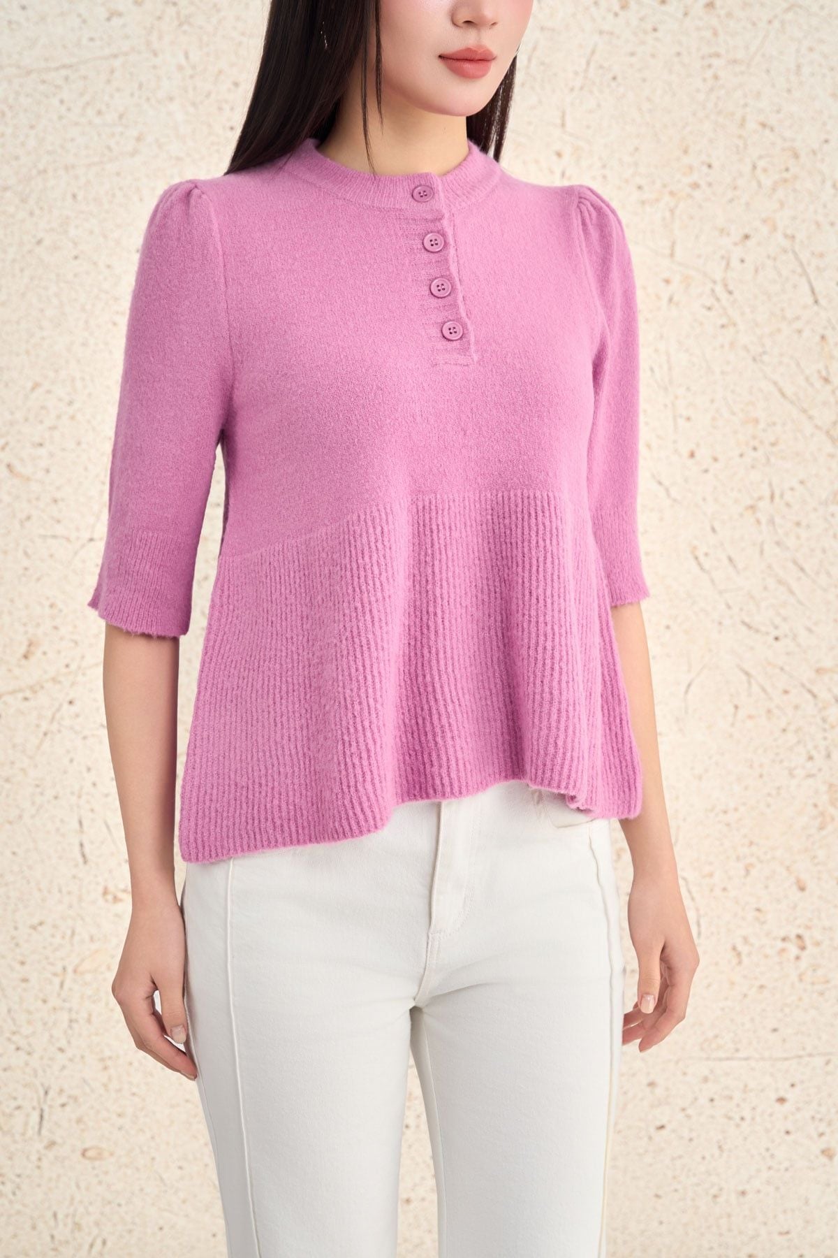 FOL533 - Áo len cao cấp dáng suông cổ tròn tay lửng thân áo cách điệu thời trang - PANTIO