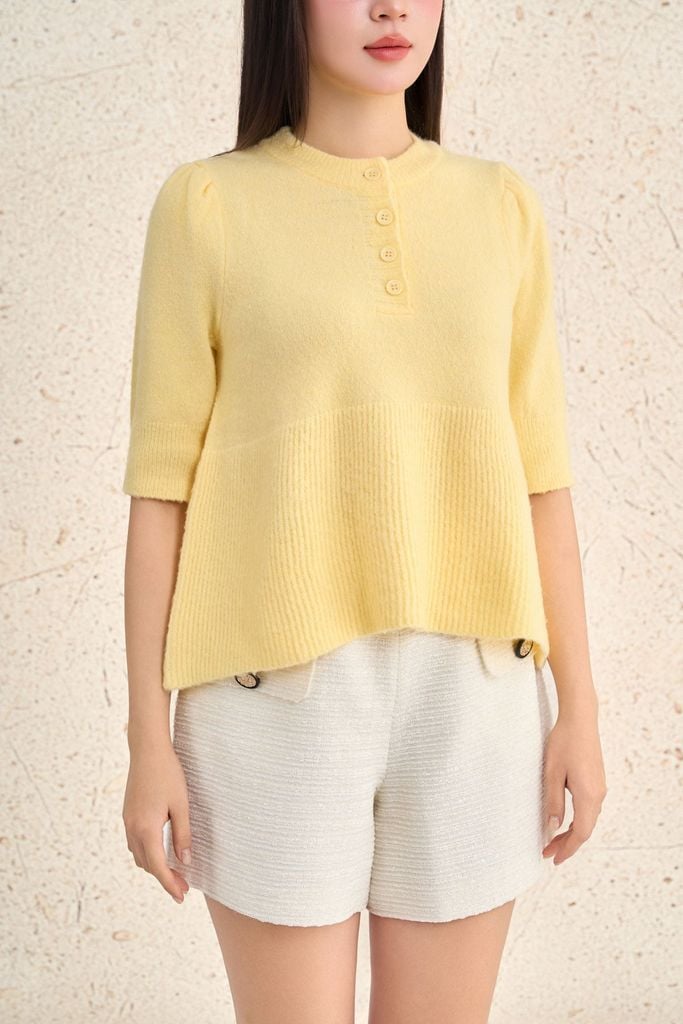 FOL533 - Áo len cao cấp dáng suông cổ tròn tay lửng thân áo cách điệu thời trang - PANTIO