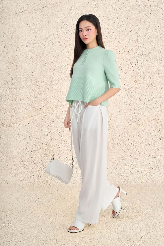 FQD71212 - Quần dài dạo phố vải thô mỏng dáng suông ống rộng cạp chun phối dây thắt tạo kiểu - PANTIO