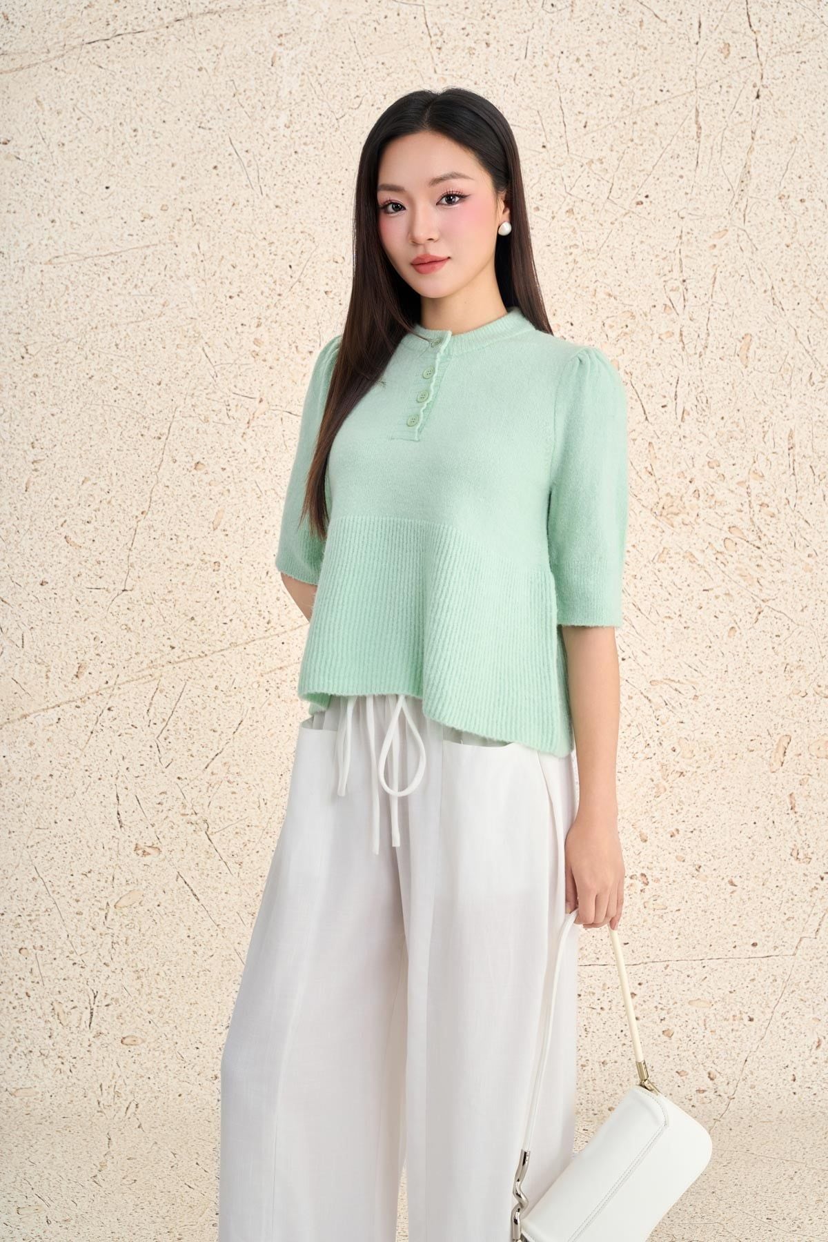 FOL533 - Áo len cao cấp dáng suông cổ tròn tay lửng thân áo cách điệu thời trang - PANTIO