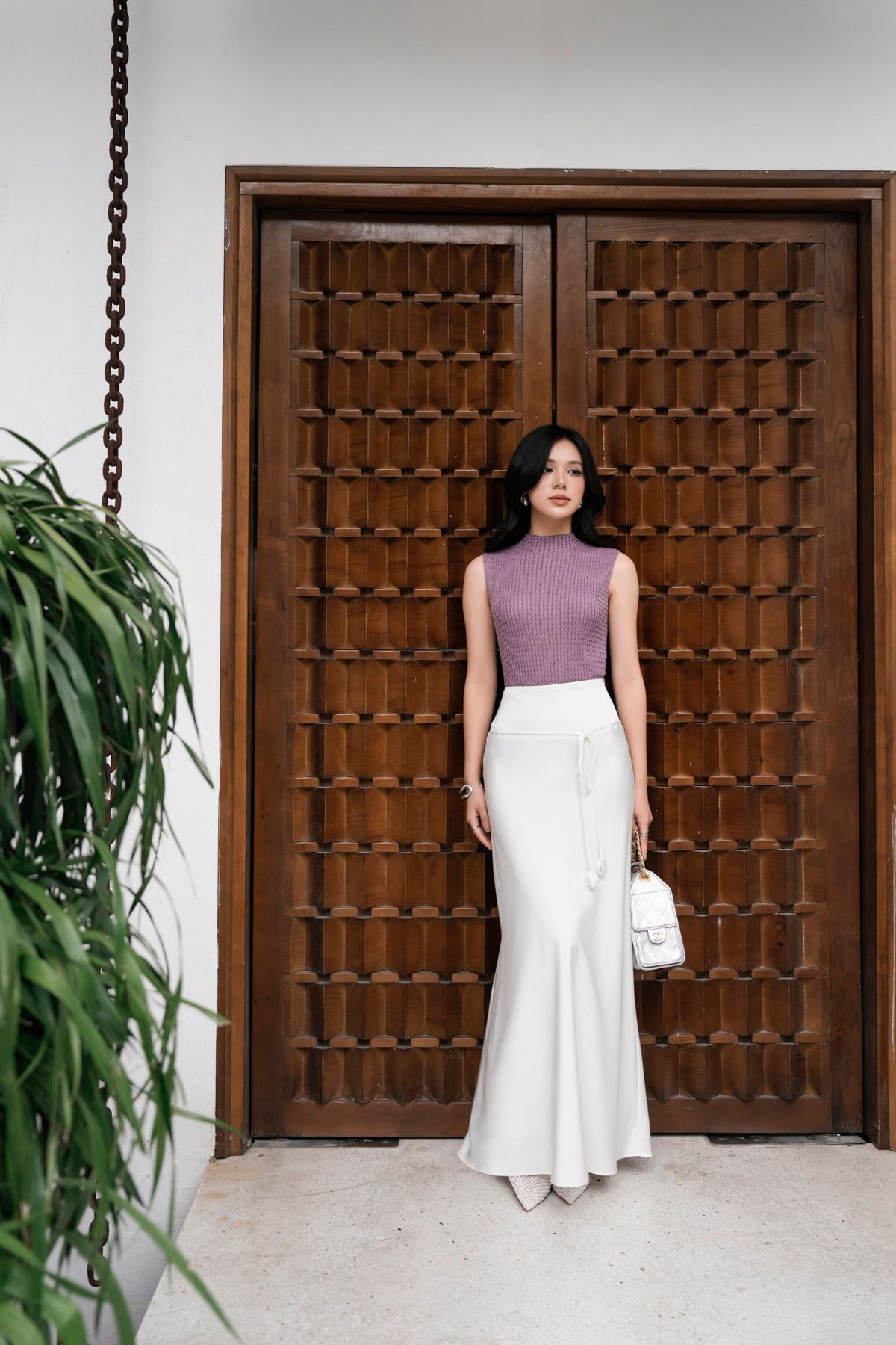 FJD91257 - Chân váy dài công sở vải lụa dày dáng suông eo phối cạp bản to đính dây nơ tạo kiểu - PANTIO