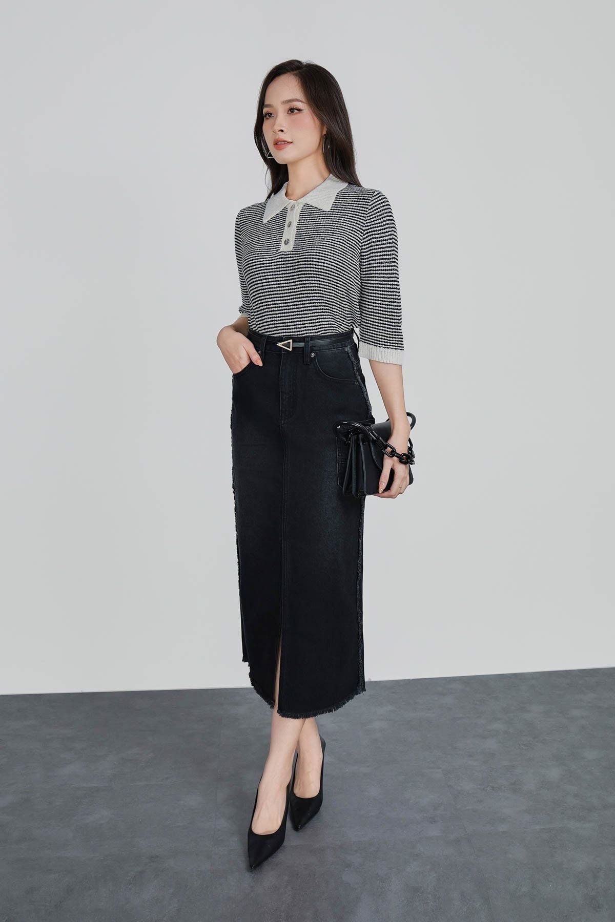 FJB021 - Chân váy bò cao cấp dáng dài xẻ tà trước thời trang- PANTIO