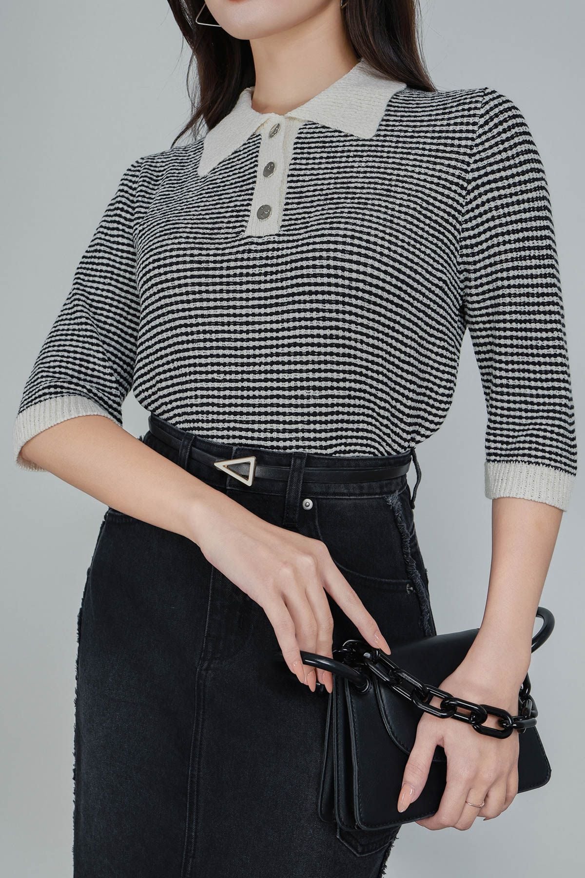 FOL560 - Áo len dệt kim vải len nhũ cao cấp dáng suông cổ bẻ phối khuy hoạ tiết kẻ ngang thời trang - PANTIO