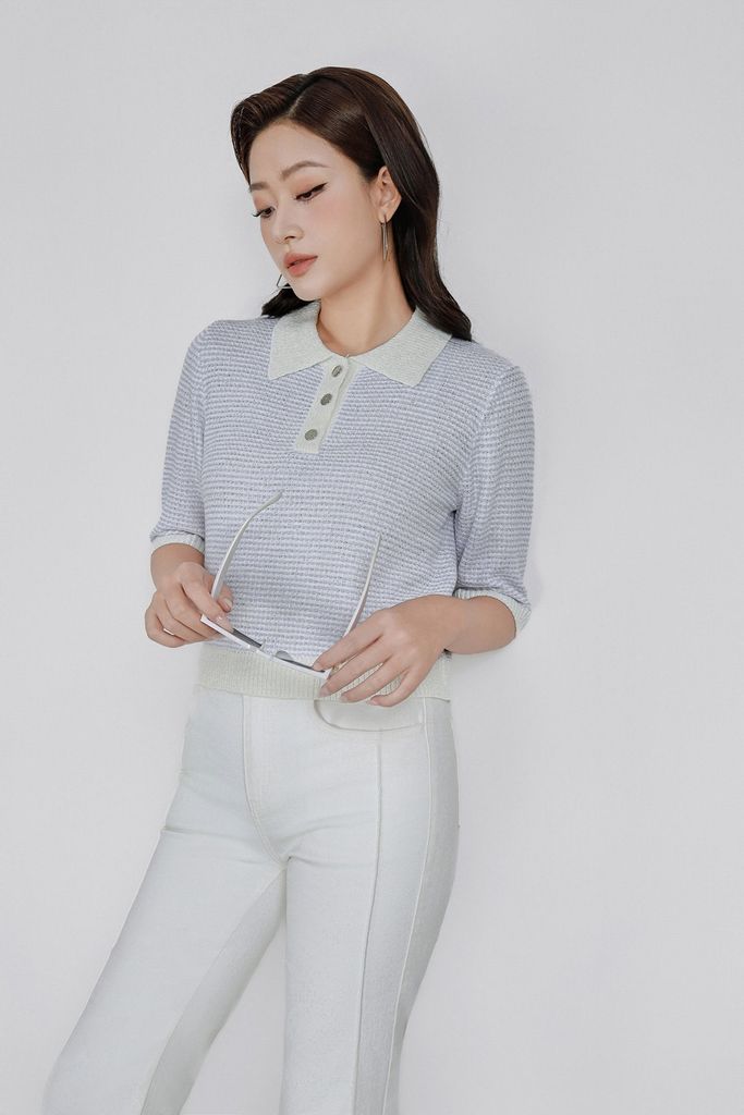 FOL560 - Áo len dệt kim vải len nhũ cao cấp dáng suông cổ bẻ phối khuy hoạ tiết kẻ ngang thời trang - PANTIO