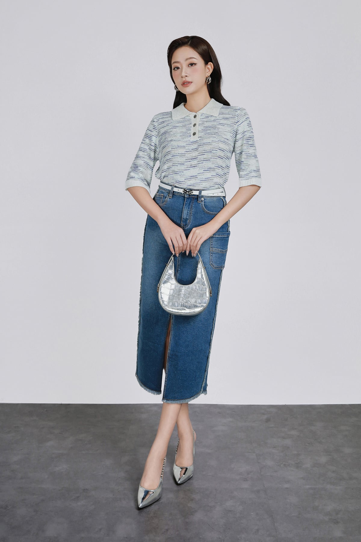 FOL560 - Áo len dệt kim vải len nhũ cao cấp dáng suông cổ bẻ phối khuy hoạ tiết kẻ ngang thời trang - PANTIO