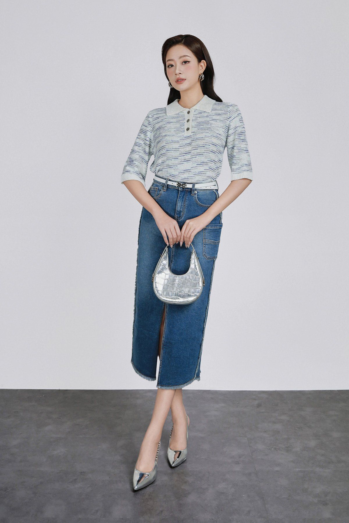 FOL560 - Áo len dệt kim vải len nhũ cao cấp dáng suông cổ bẻ phối khuy hoạ tiết kẻ ngang thời trang - PANTIO