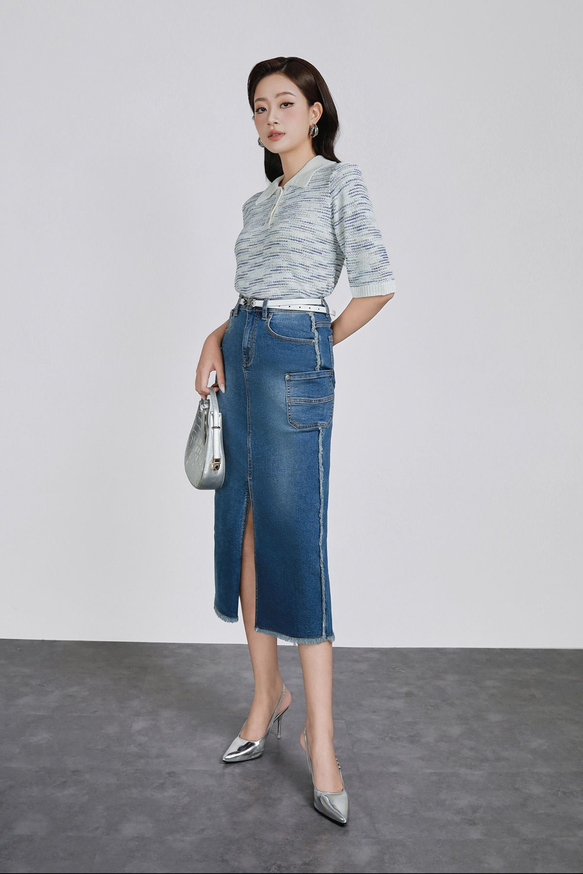 FOL560 - Áo len dệt kim vải len nhũ cao cấp dáng suông cổ bẻ phối khuy hoạ tiết kẻ ngang thời trang - PANTIO