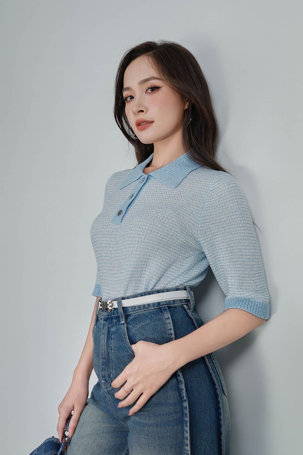 FOL560 - Áo len dệt kim vải len nhũ cao cấp dáng suông cổ bẻ phối khuy hoạ tiết kẻ ngang thời trang - PANTIO