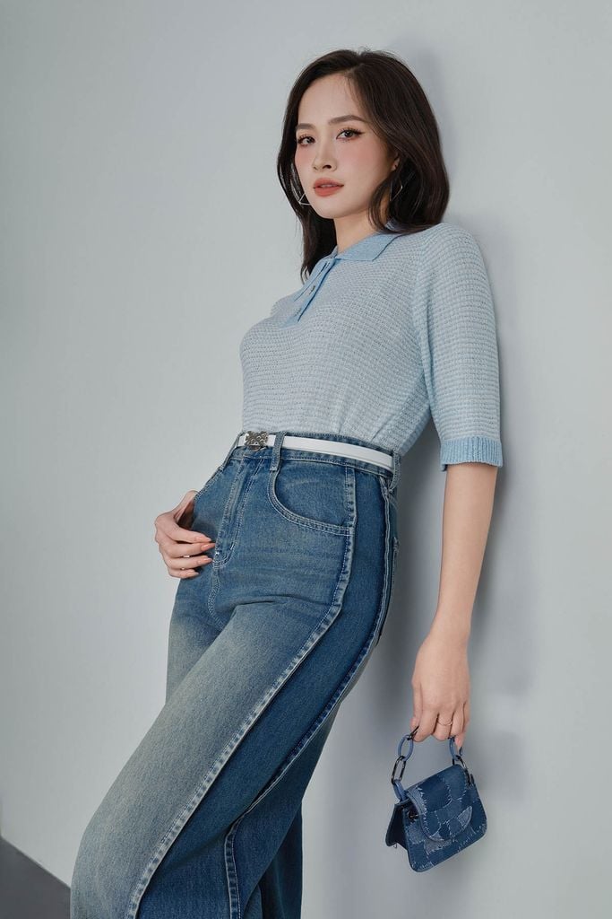 FOL560 - Áo len dệt kim vải len nhũ cao cấp dáng suông cổ bẻ phối khuy hoạ tiết kẻ ngang thời trang - PANTIO