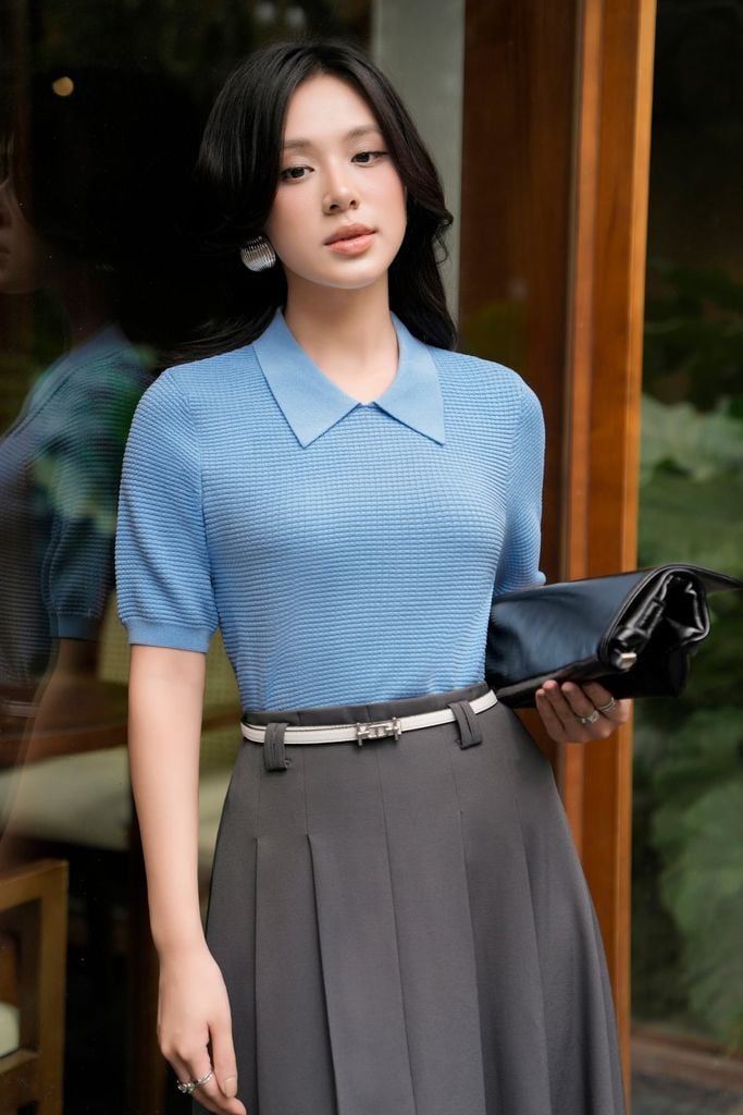 FOL565 - Áo len dệt kim vải len cao cấp dáng suông cổ bẻ tay ngắn thời trang - PANTIO