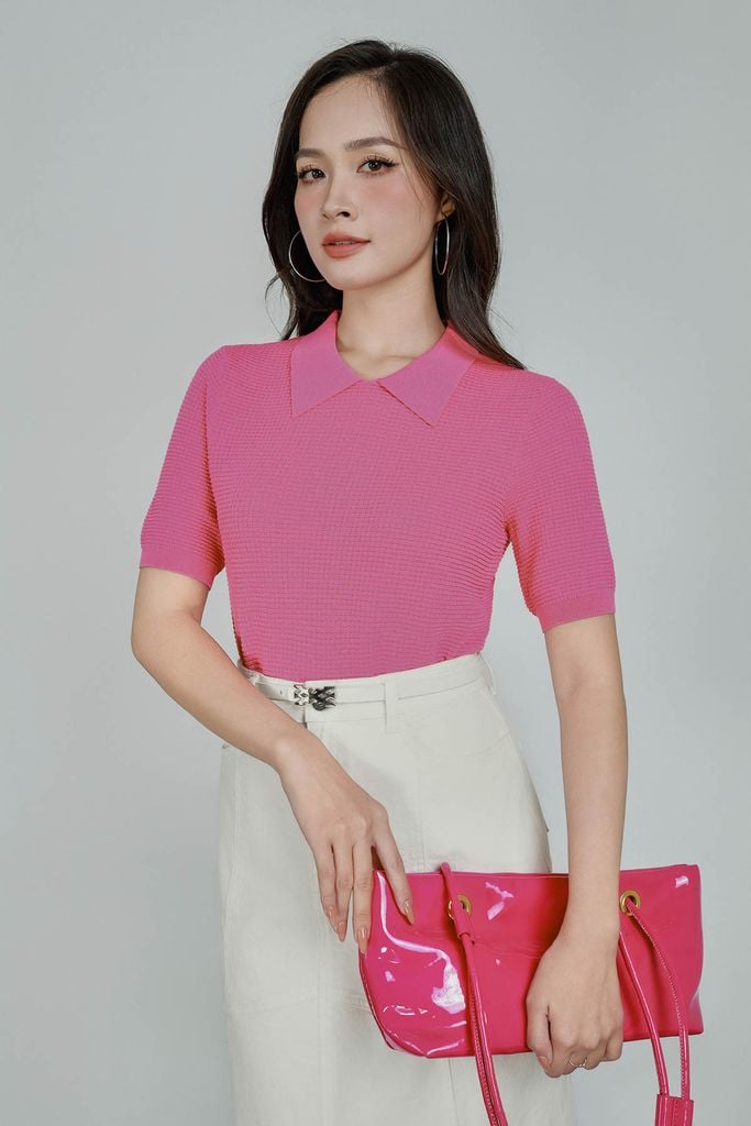 FOL565 - Áo len dệt kim vải len cao cấp dáng suông cổ bẻ tay ngắn thời trang - PANTIO